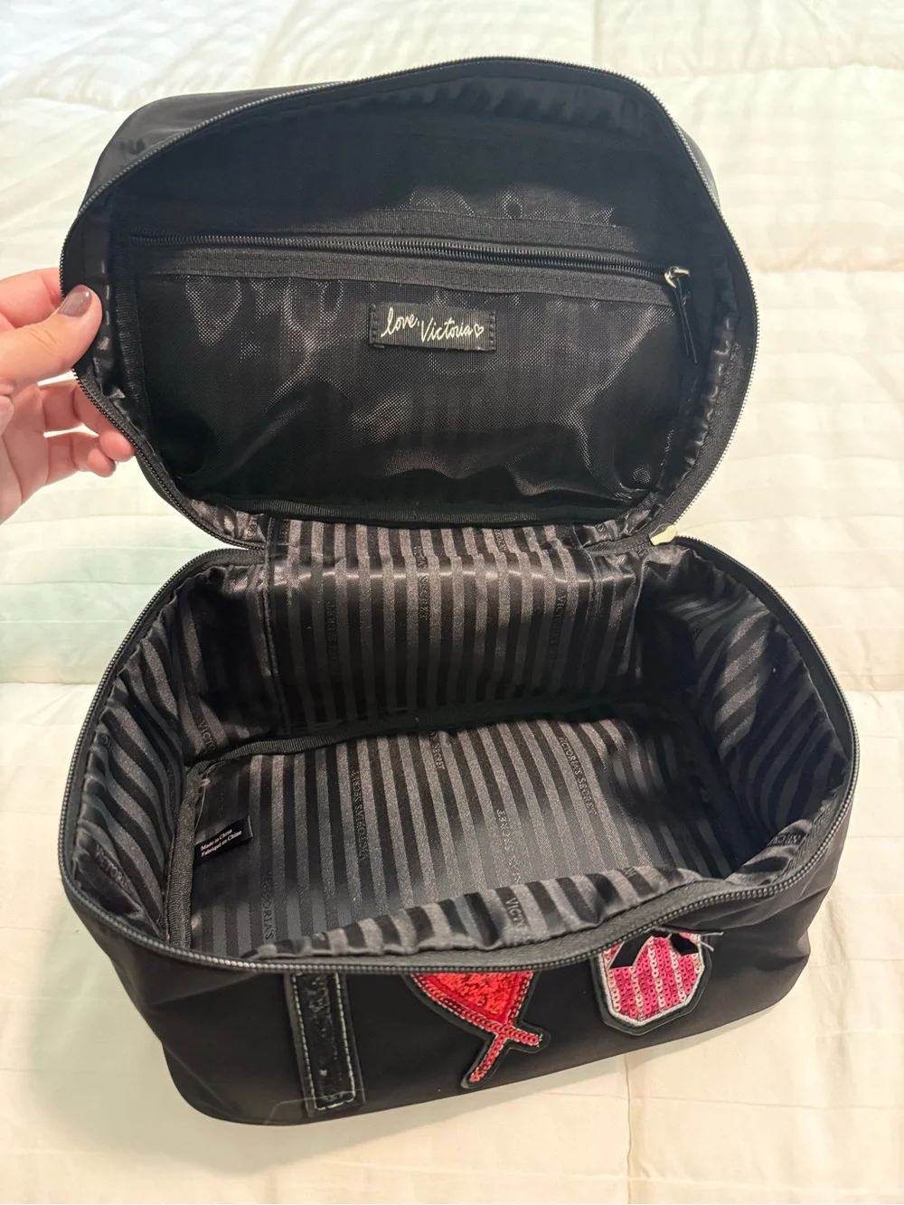 Victoria’s Secret Black Sequin Patch Cosmetic Case - Black with Red Accents